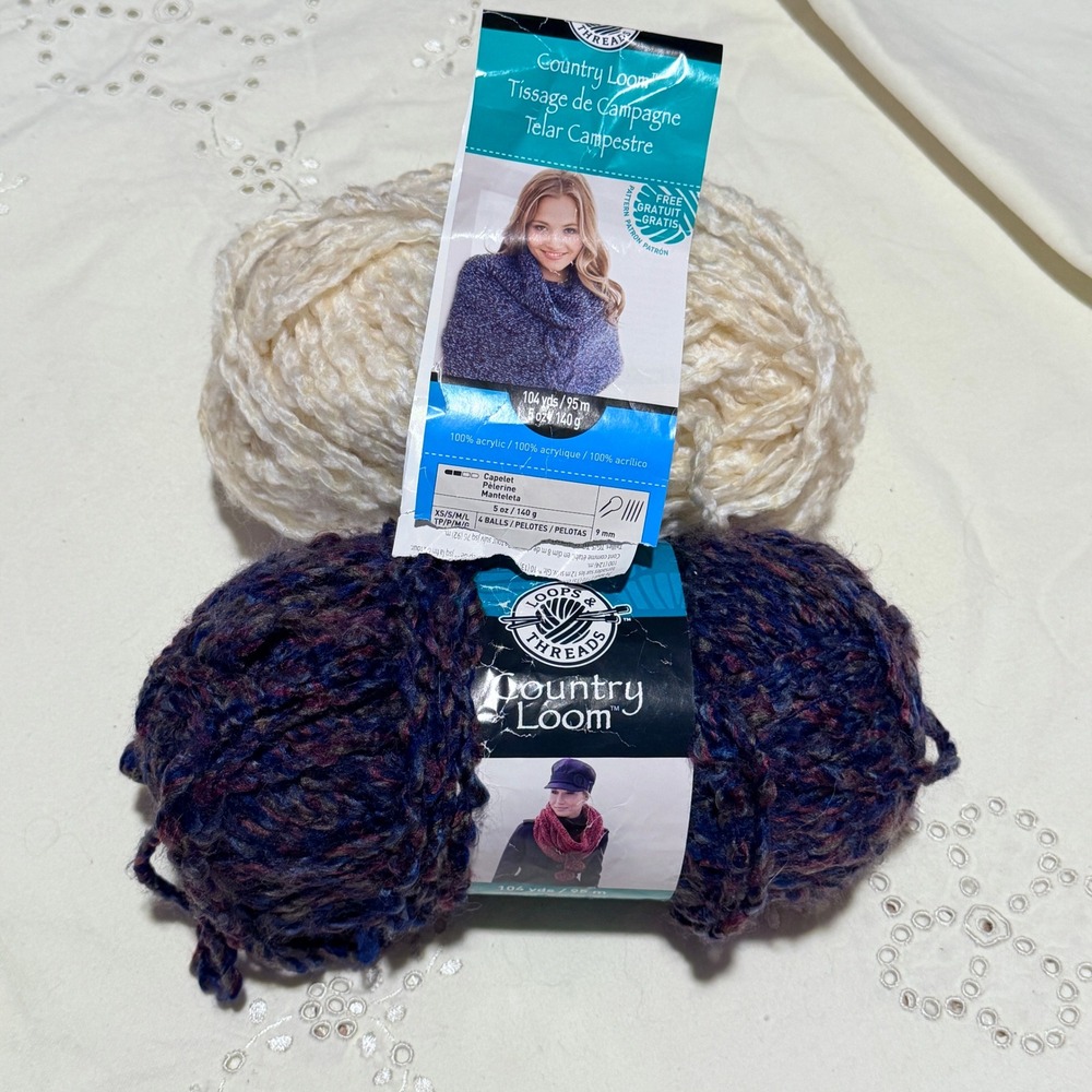 Loops & Threads Country Loom Yarn Cream Blue Super Bulky Lot 2 Skeins 10oz